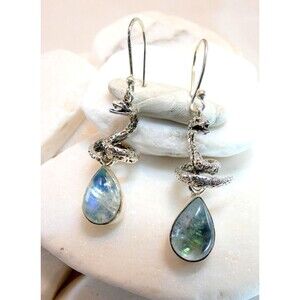 Solid Sterling Silver Cast Snake Earrings -AAA Green Rainbow Moonstones OOAK